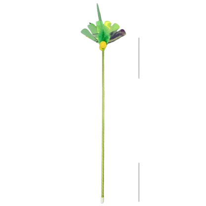 Multicolor fan-topped cat toy wand on a white background