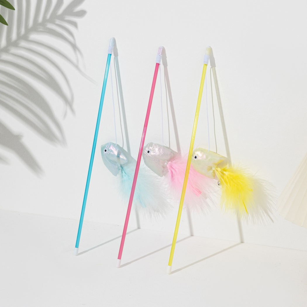 Light Blue, Pink and Yellow fish wand cat toys displayed together