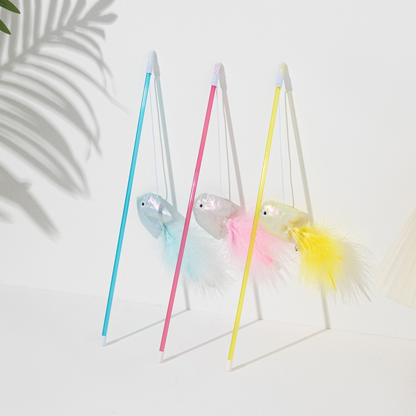 Light Blue, Pink and Yellow fish wand cat toys displayed together