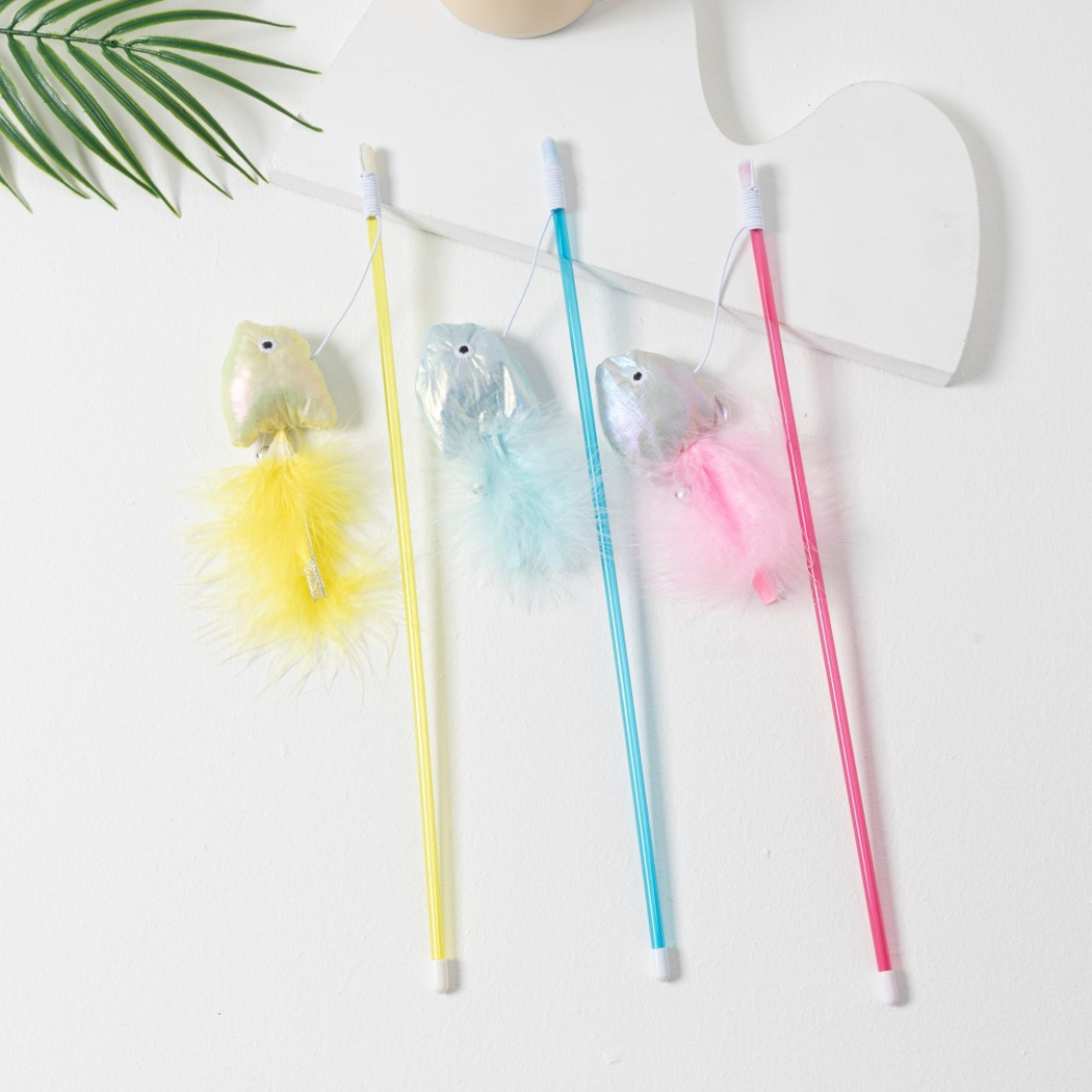 Three colorful fish wand cat toys arranged flat with feather tails