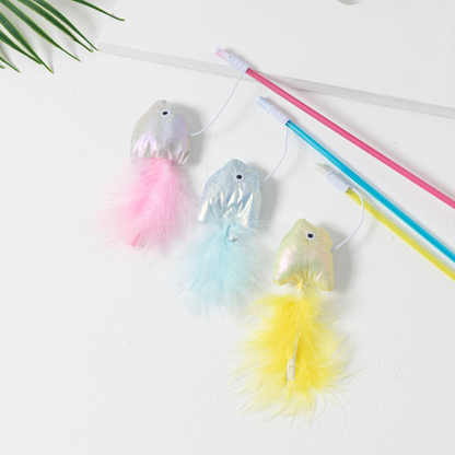 Close-up of iridescent fish attachments and colorful feather tails