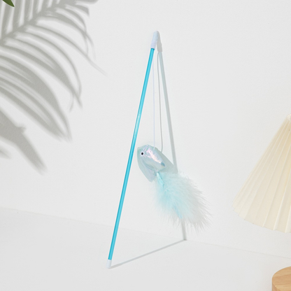 Light Blue fish wand cat toy with matching feather tail