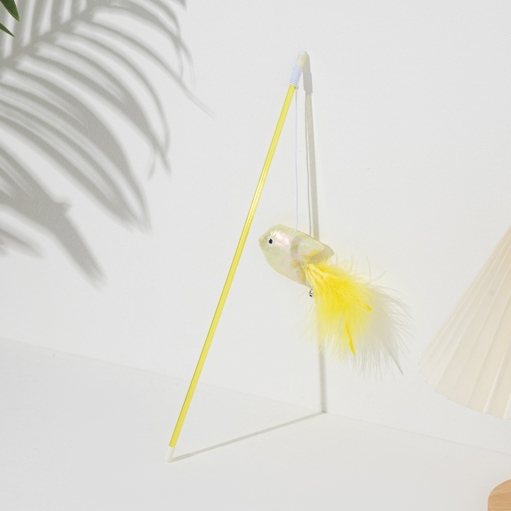 Yellow fish wand cat toy with matching feather tail