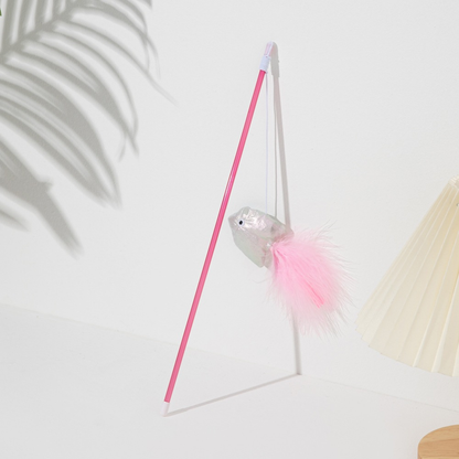 Pink fish wand cat toy with matching feather tail