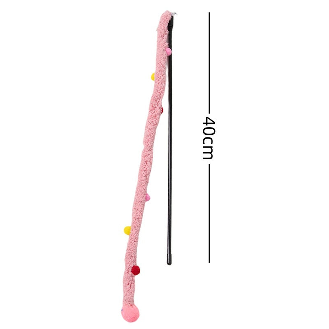 Pink fuzzy cat teaser wand with colorful pom-pom accents and 40 cm measurement