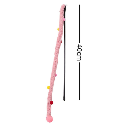 Pink fuzzy cat teaser wand with colorful pom-pom accents and 40 cm measurement