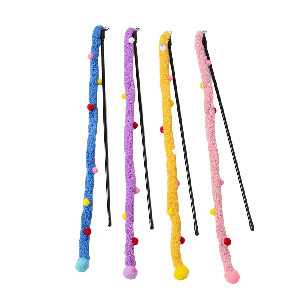 Blue, purple, yellow and pink fuzzy cat teaser wands on a white background