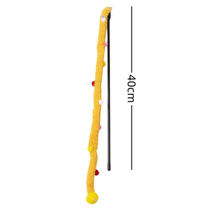 Yellow fuzzy cat teaser wand with colorful pom-pom accents and 40 cm measurement