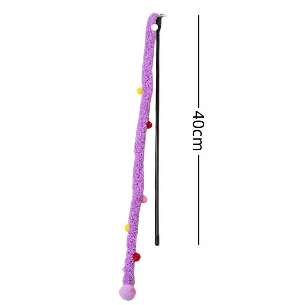 Purple fuzzy cat teaser wand with colorful pom-pom accents and 40 cm measurement