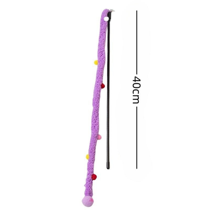 Purple fuzzy cat teaser wand with colorful pom-pom accents and 40 cm measurement