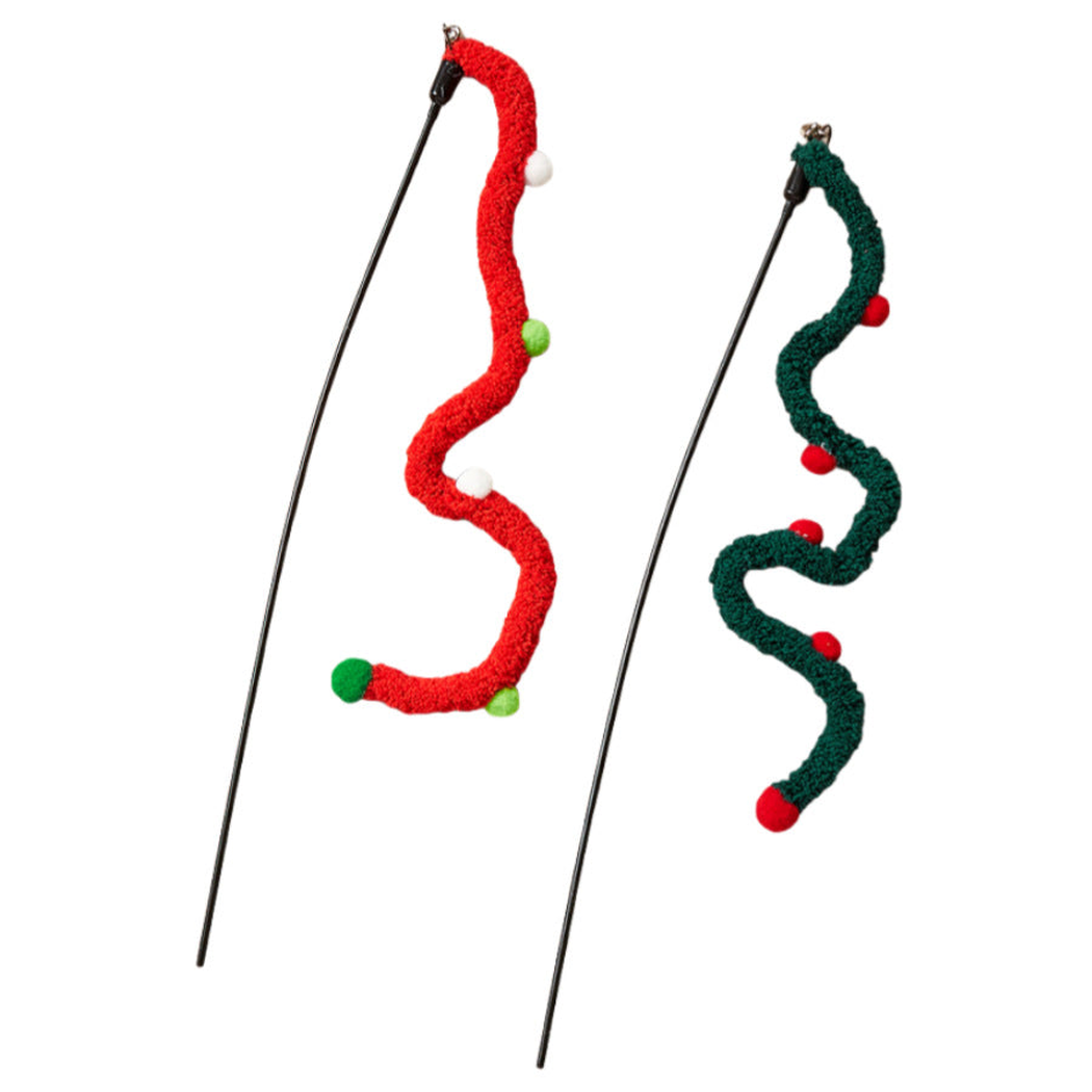 Red and Dark Green wavy cat teaser wands with pom-pom accents