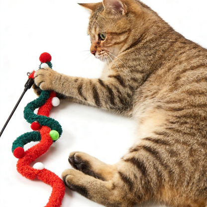 Cat pawing at intertwined red and dark green cat teaser attachments