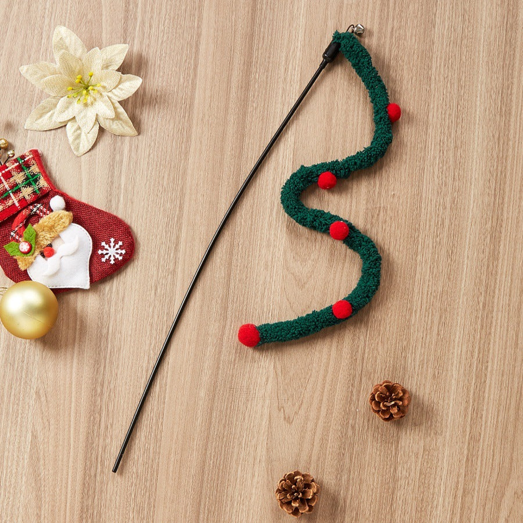 Dark Green wavy cat teaser wand with red pom-pom accents