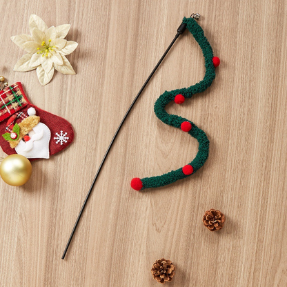 Dark Green wavy cat teaser wand with red pom-pom accents