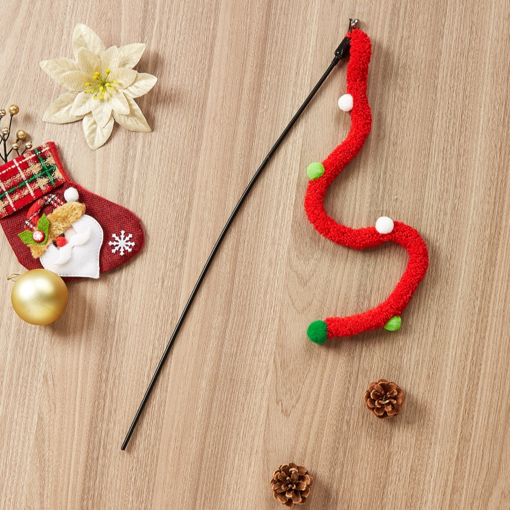 Red wavy cat teaser wand with white and green pom-pom accents