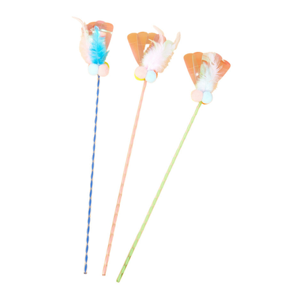 Blue, Pink, and Green cat teaser wands displayed together