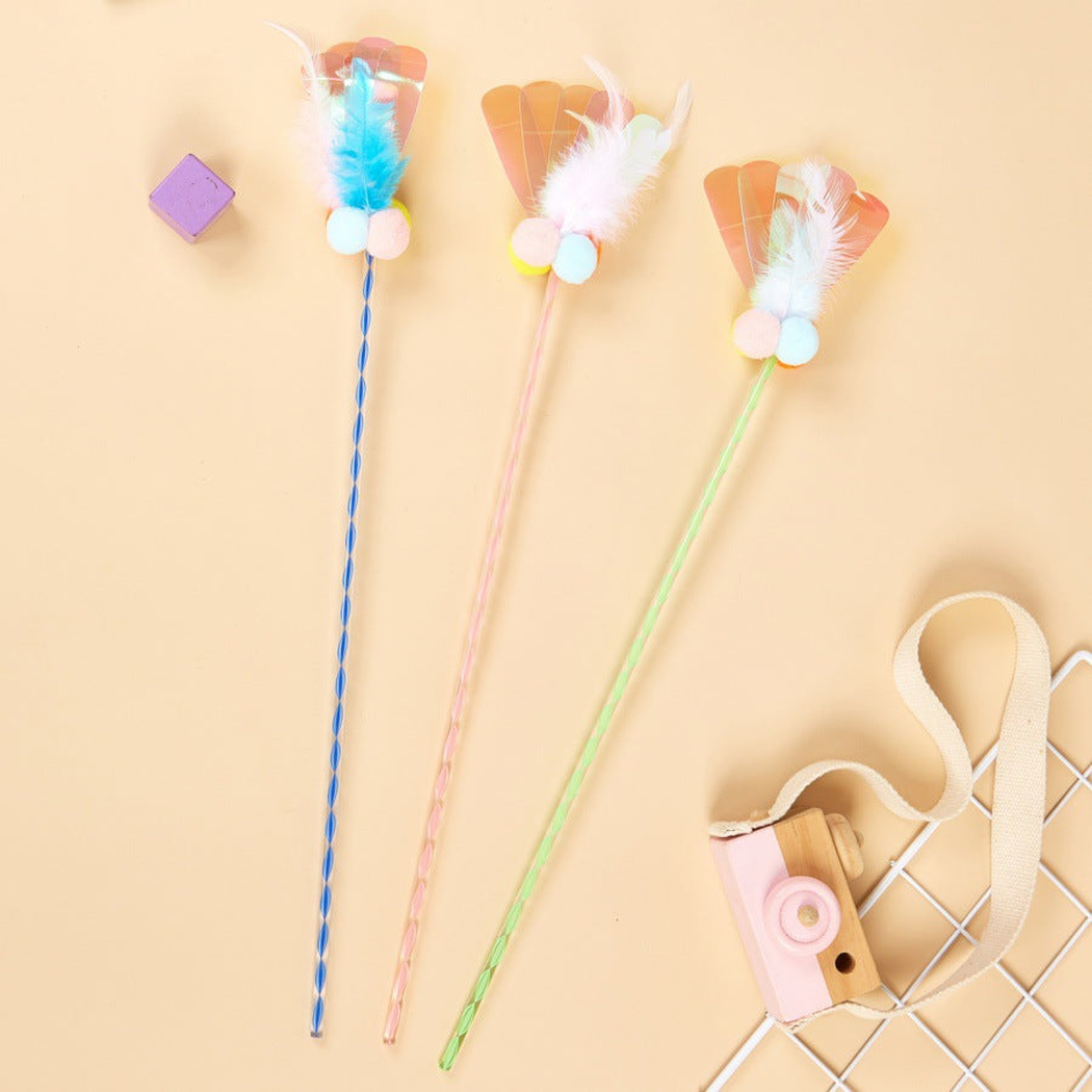 Blue, Pink, and Green cat teaser wands with feathered pom-pom tips