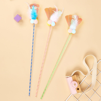 Blue, Pink, and Green cat teaser wands with feathered pom-pom tips