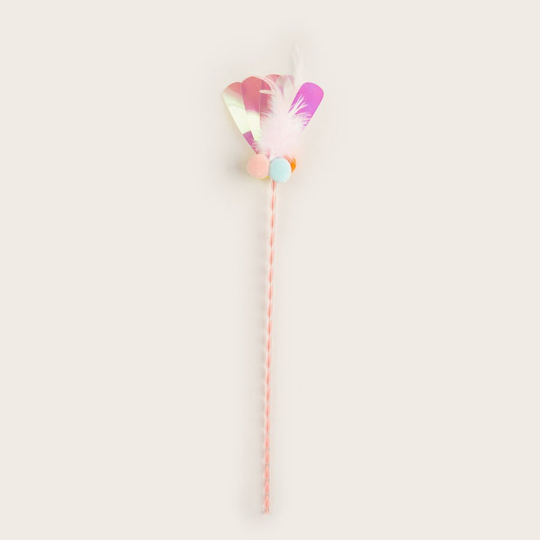 Pink cat teaser wand with feathers, iridescent strips, and pastel pom-poms