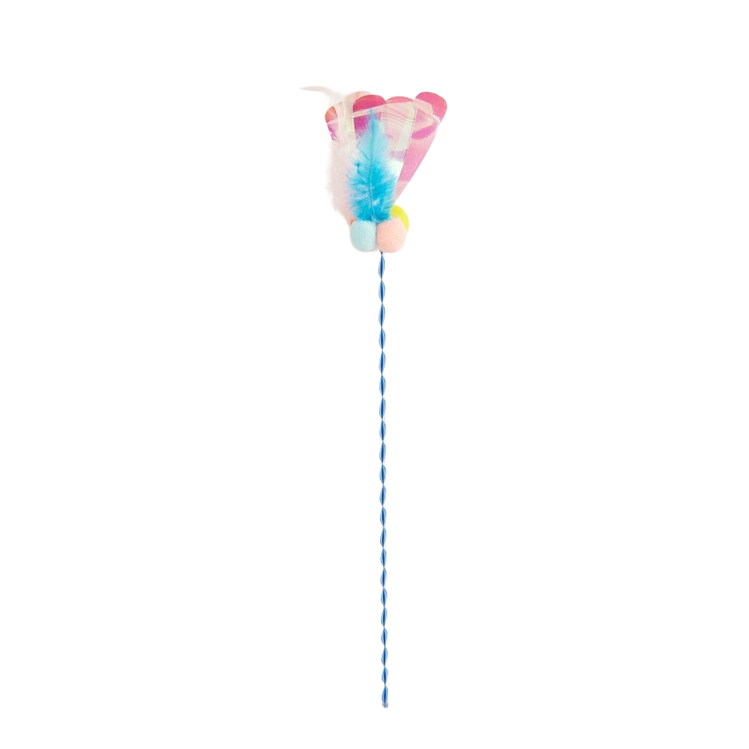 Blue cat teaser wand with feathers, iridescent strips, and pastel pom-poms