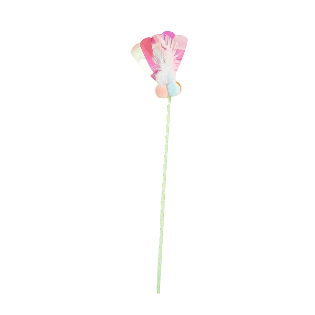Green cat teaser wand with feathers, iridescent strips, and pastel pom-poms