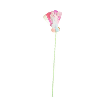 Green cat teaser wand with feathers, iridescent strips, and pastel pom-poms