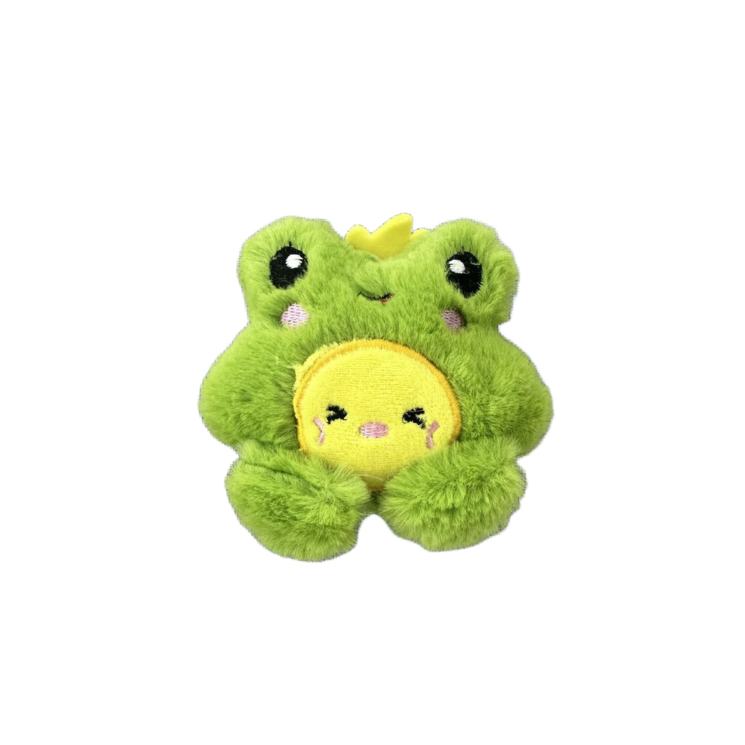 Green frog character plush cat toy with yellow belly accent, front view