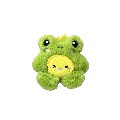 Green frog character plush cat toy with yellow belly accent, front view