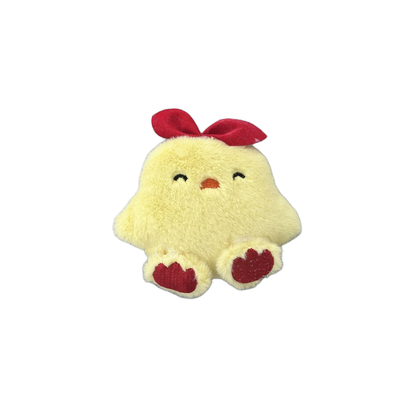 Yellow chick character plush cat toy with red bow and red feet, front view