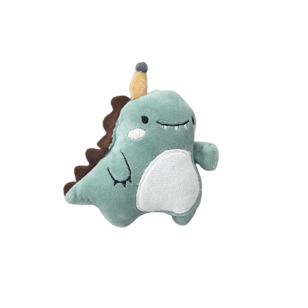 Mint dinosaur character plush cat toy with brown back spikes, front view