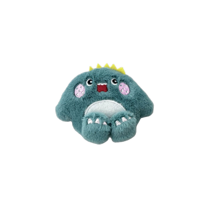 Teal dinosaur character plush cat toy with yellow back spikes, front view