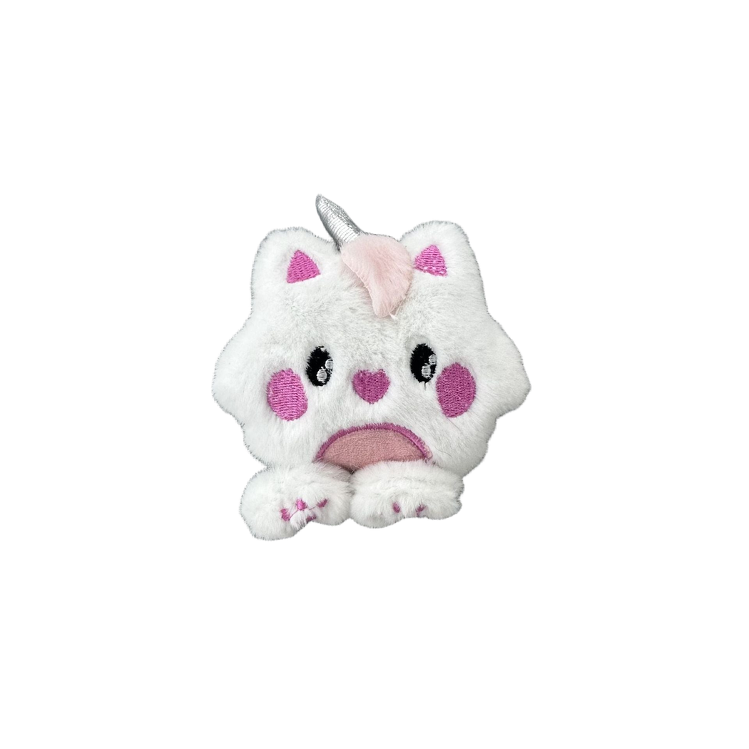 White unicorn cat character plush cat toy with pink accents, front view