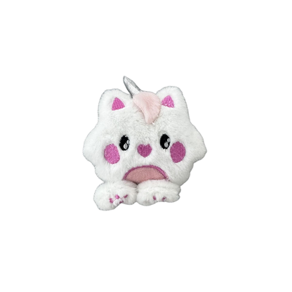 White unicorn cat character plush cat toy with pink accents, front view