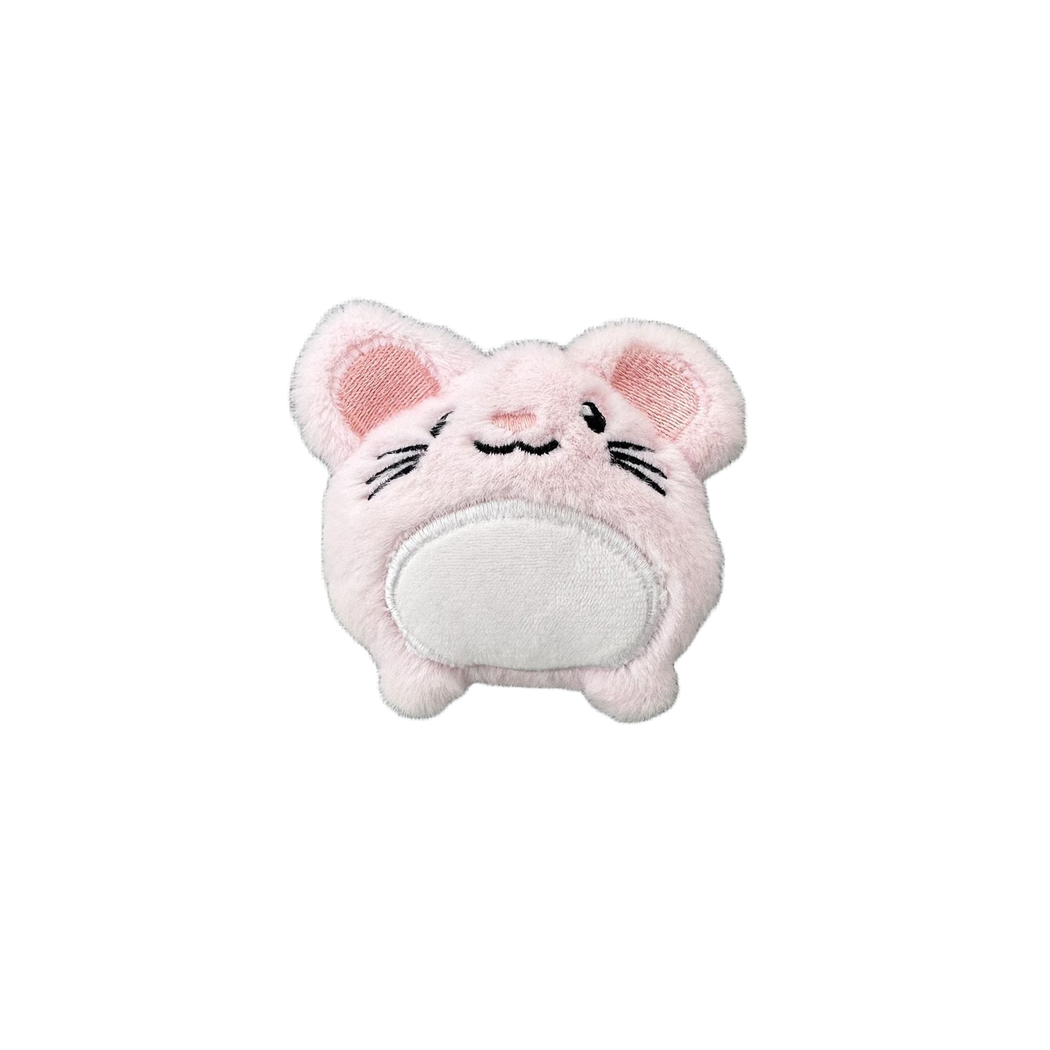 Light pink mouse character plush cat toy with white belly panel, front view