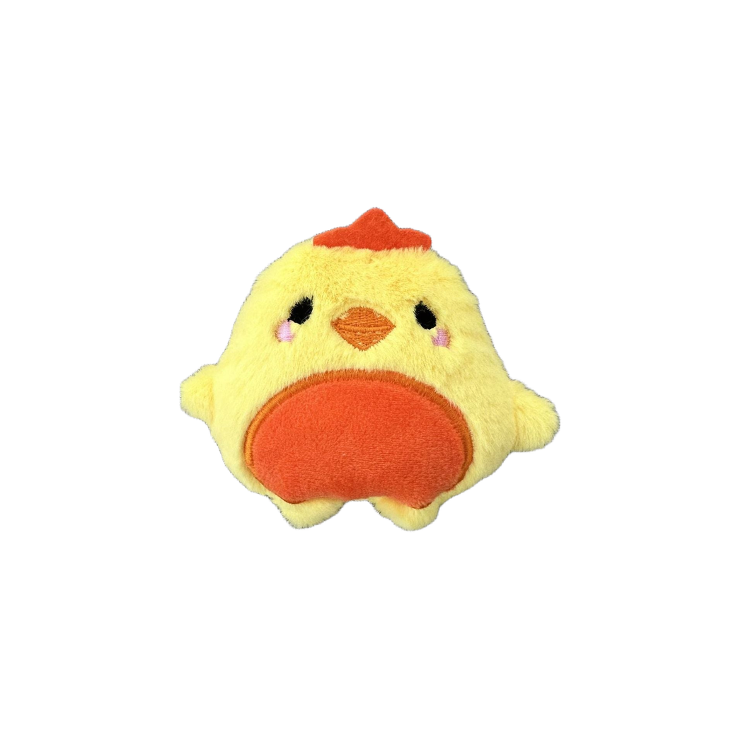Yellow chick character plush cat toy with orange belly panel, front view