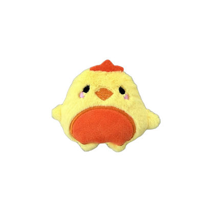 Yellow chick character plush cat toy with orange belly panel, front view
