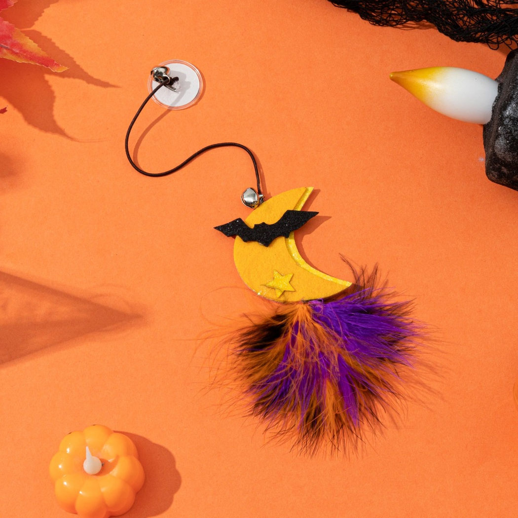 Crescent moon suction-cup dangling cat toy with bells and multicolor fluffy tassel
