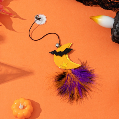 Crescent moon suction-cup dangling cat toy with bells and multicolor fluffy tassel