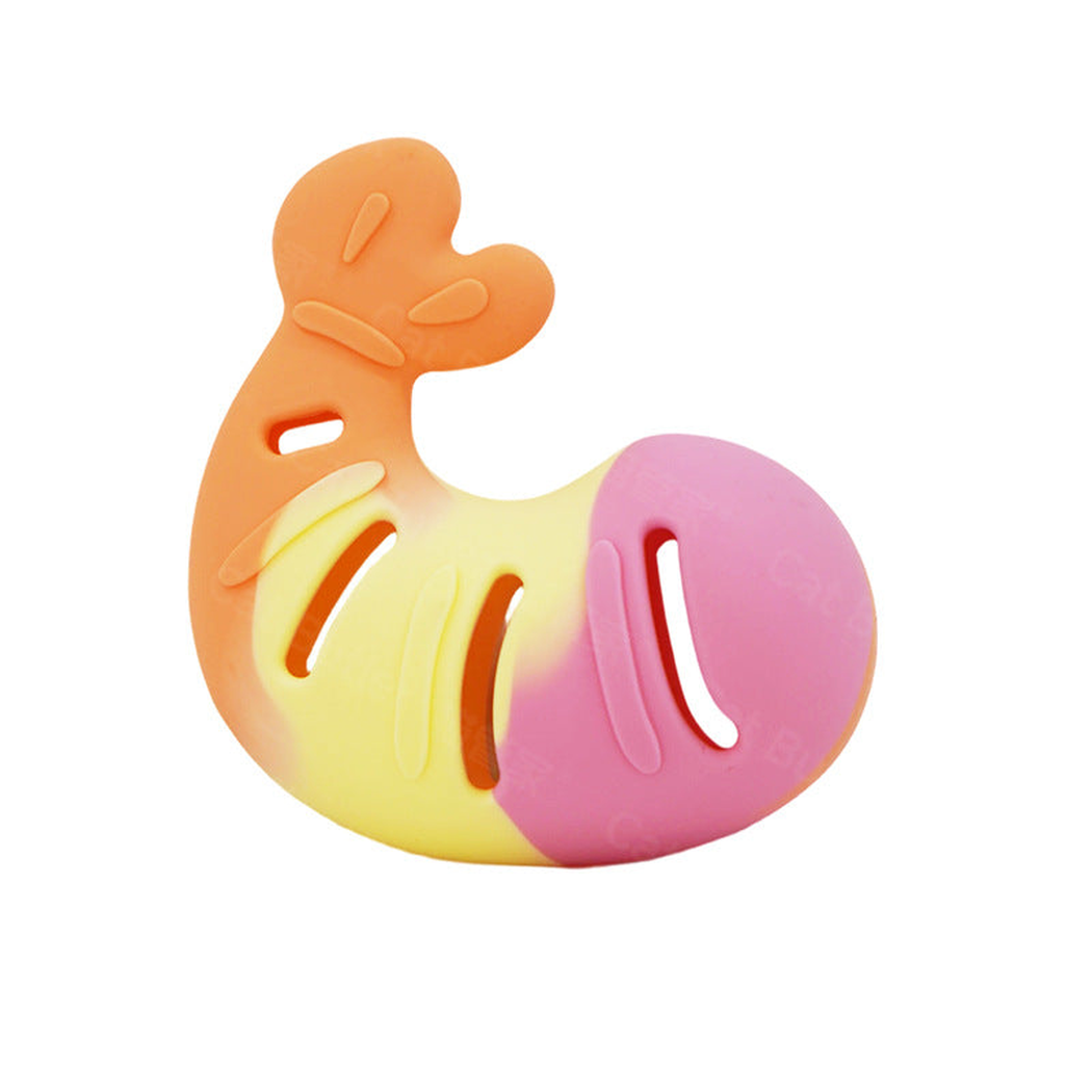Orange, yellow and pink shrimp-shaped cat toy on a white background