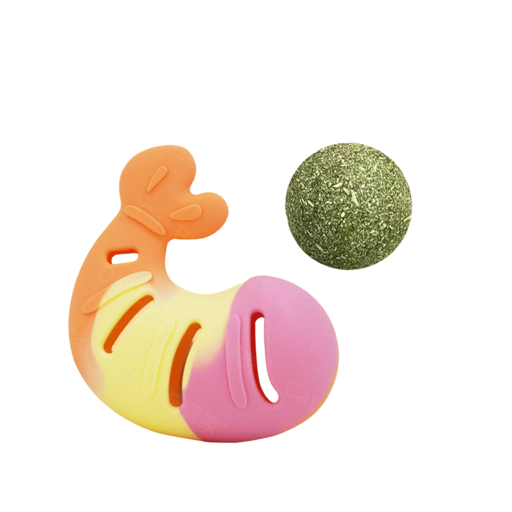 Orange, yellow and pink shrimp-shaped cat toy with green ball
