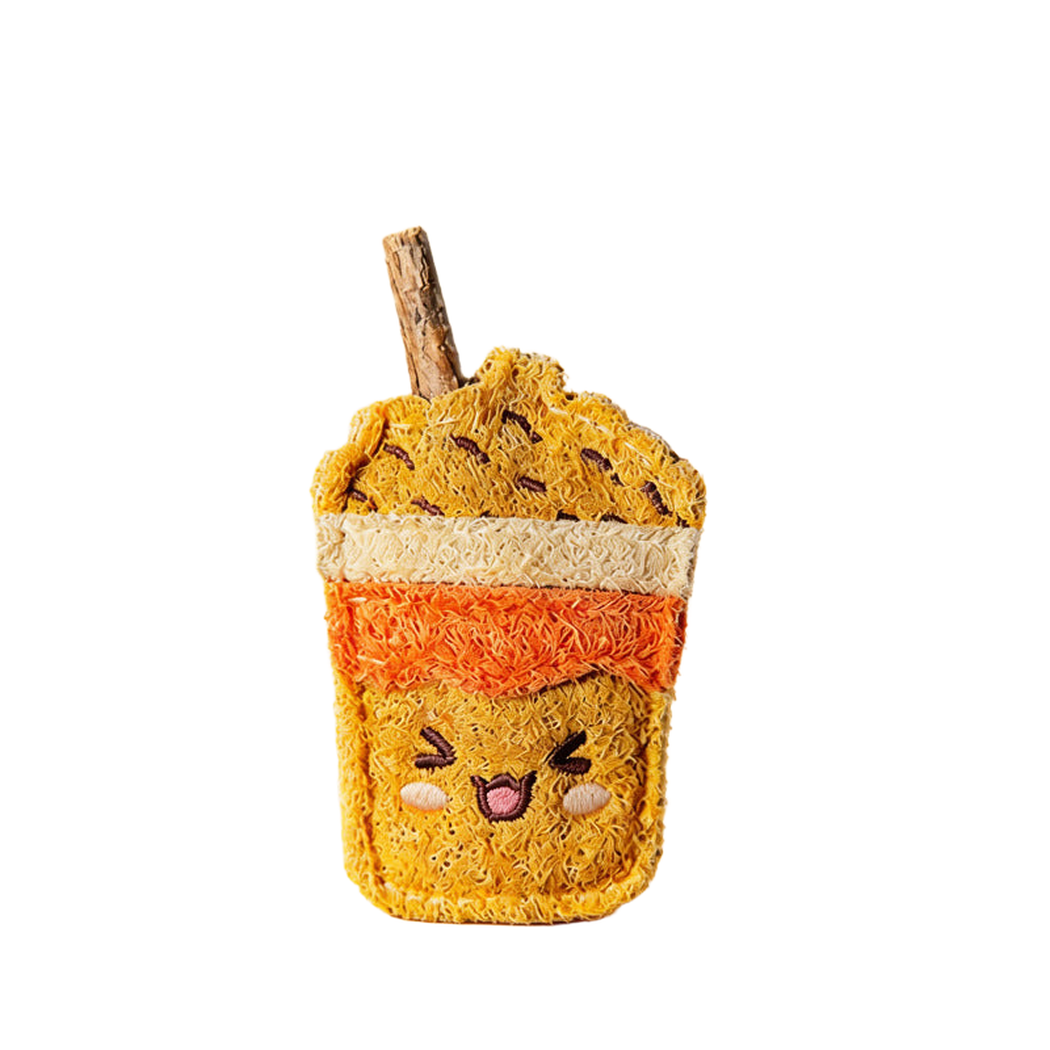 Pearl cup-shaped cat toy with smiling character face, front view