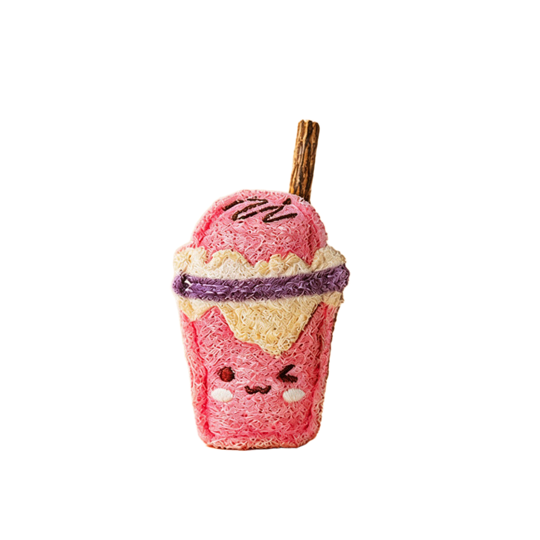 Ice Cream cup-shaped cat toy with pink scoop design, front view