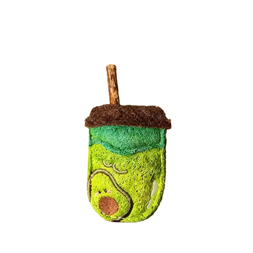 Avocado cup-shaped cat toy with green character design, front view