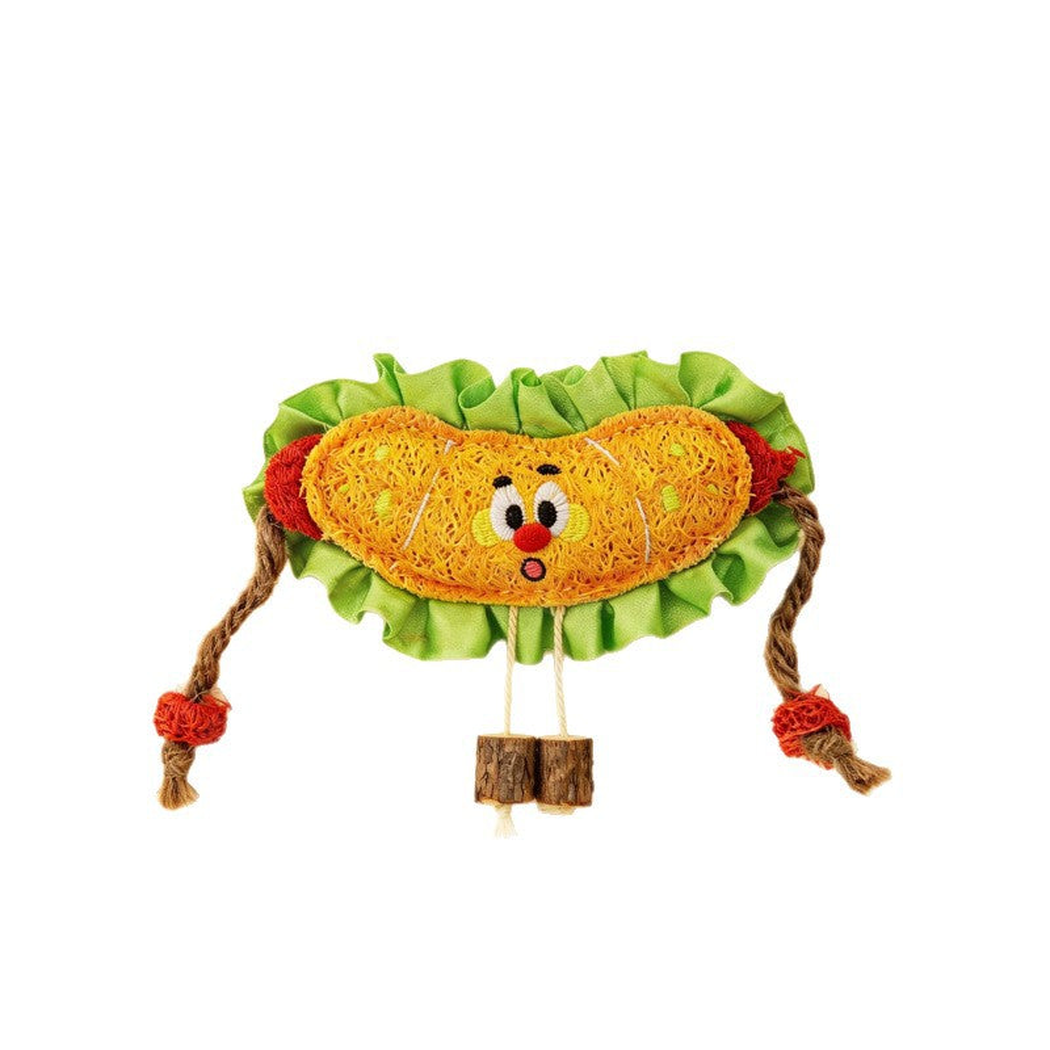 Hot Dog food-shaped cat toy with stitched face, ruffled trim and rope appendages
