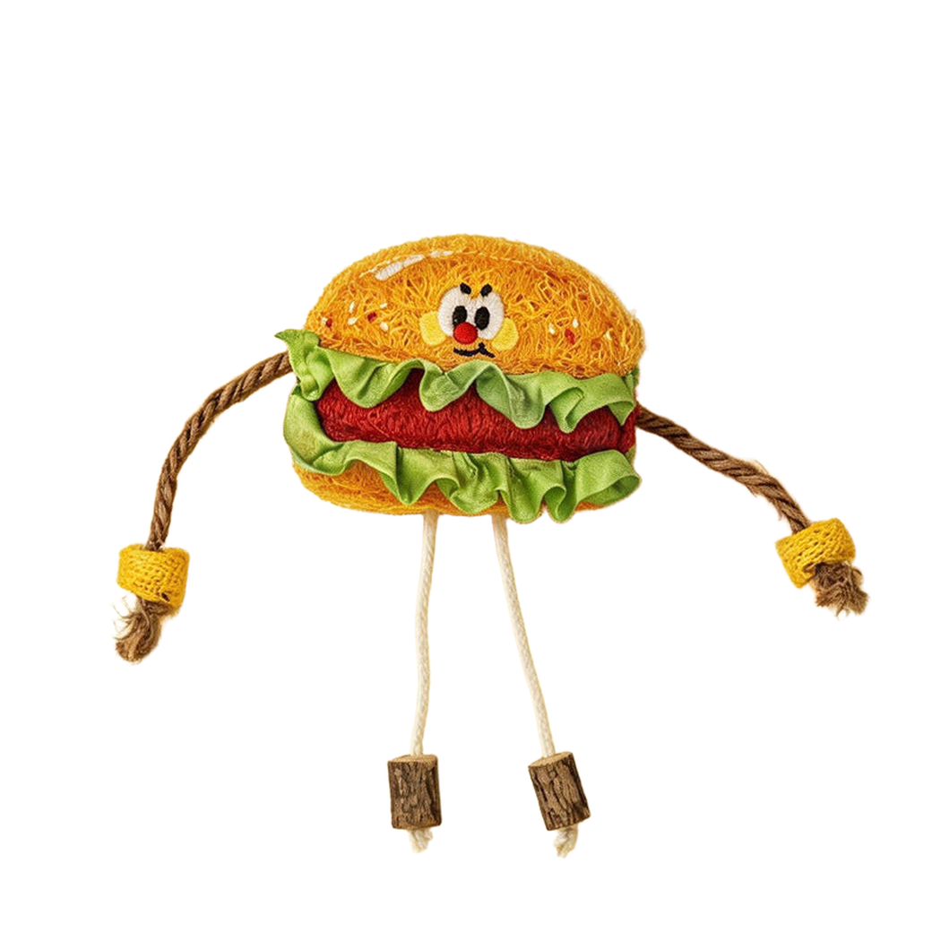 Hamburger food-shaped cat toy with stitched face, ruffled layers and rope appendages