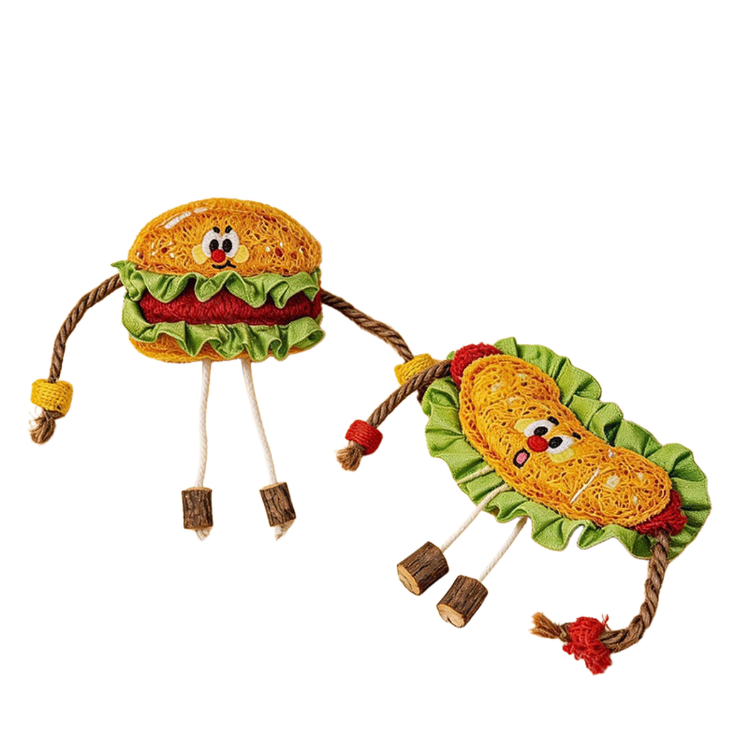Combo Hot Dog and Hamburger food-shaped cat toys with stitched faces and rope appendages