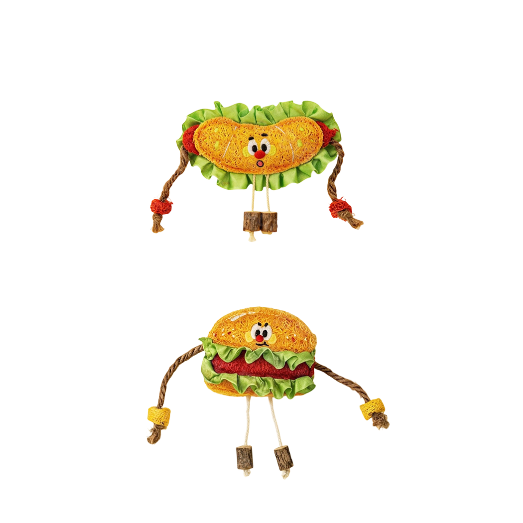 Hot Dog and Hamburger food-shaped cat toys displayed together