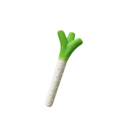 Green-and-white onion-shaped cat toy displayed on a light green background