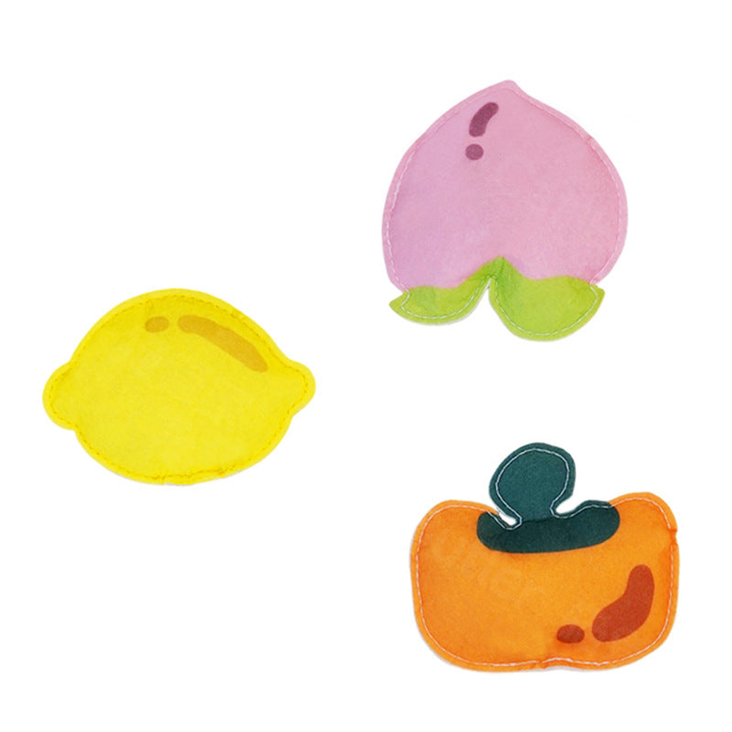 Three-piece fruit-shaped cat toy set with peach, lemon and persimmon designs