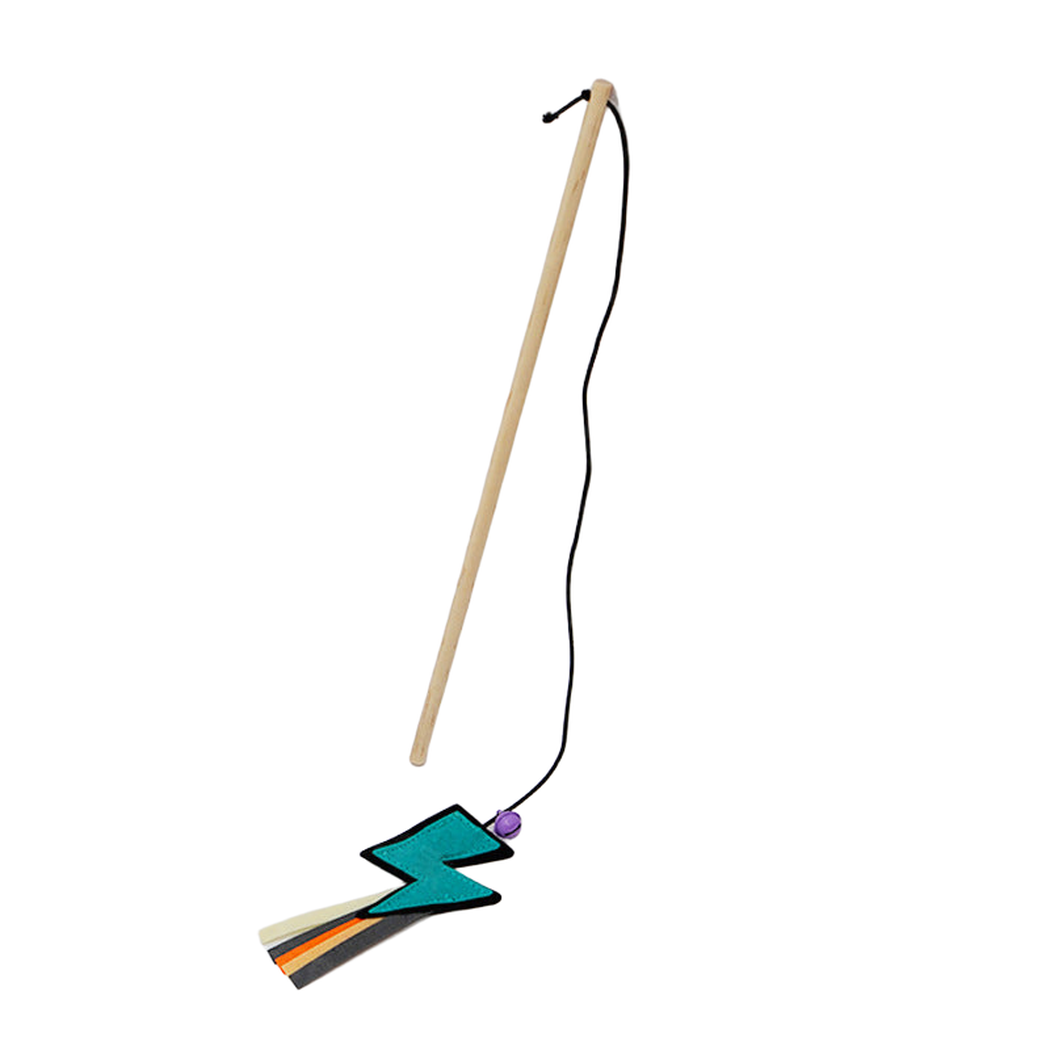 Lightning cat teaser wand with bell and trailing strips